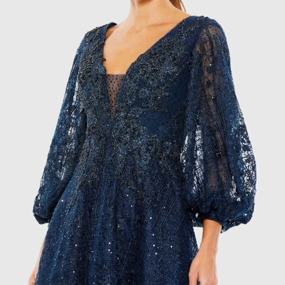 MAC DUGGAL 20391 Womens Blue Embellished Plunge Neck Bishop Sleeve Midi Dress